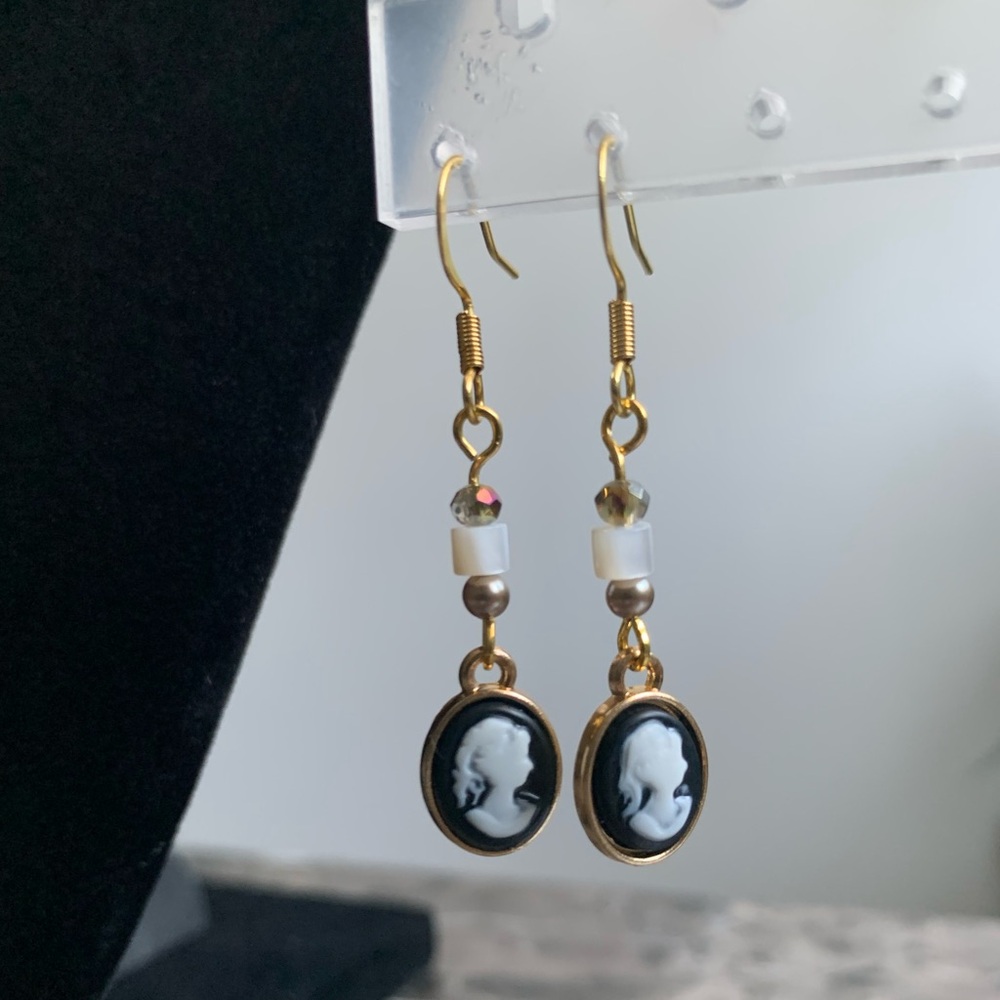 23A. Elegant Handmade Gold and Black Cameo Earrings